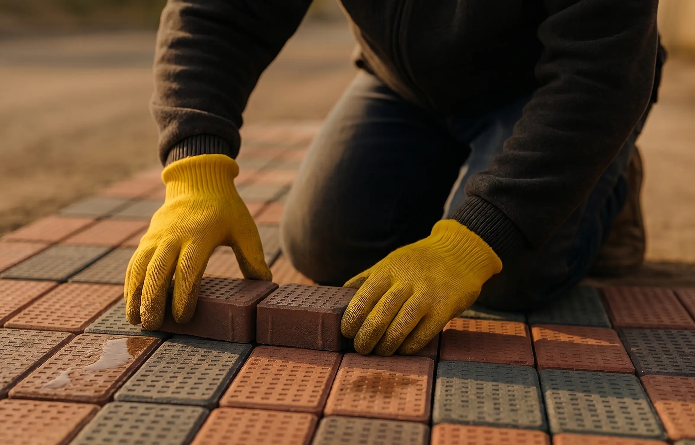 Lexah Holdings technician laying interlocking recycled-plastic pavers